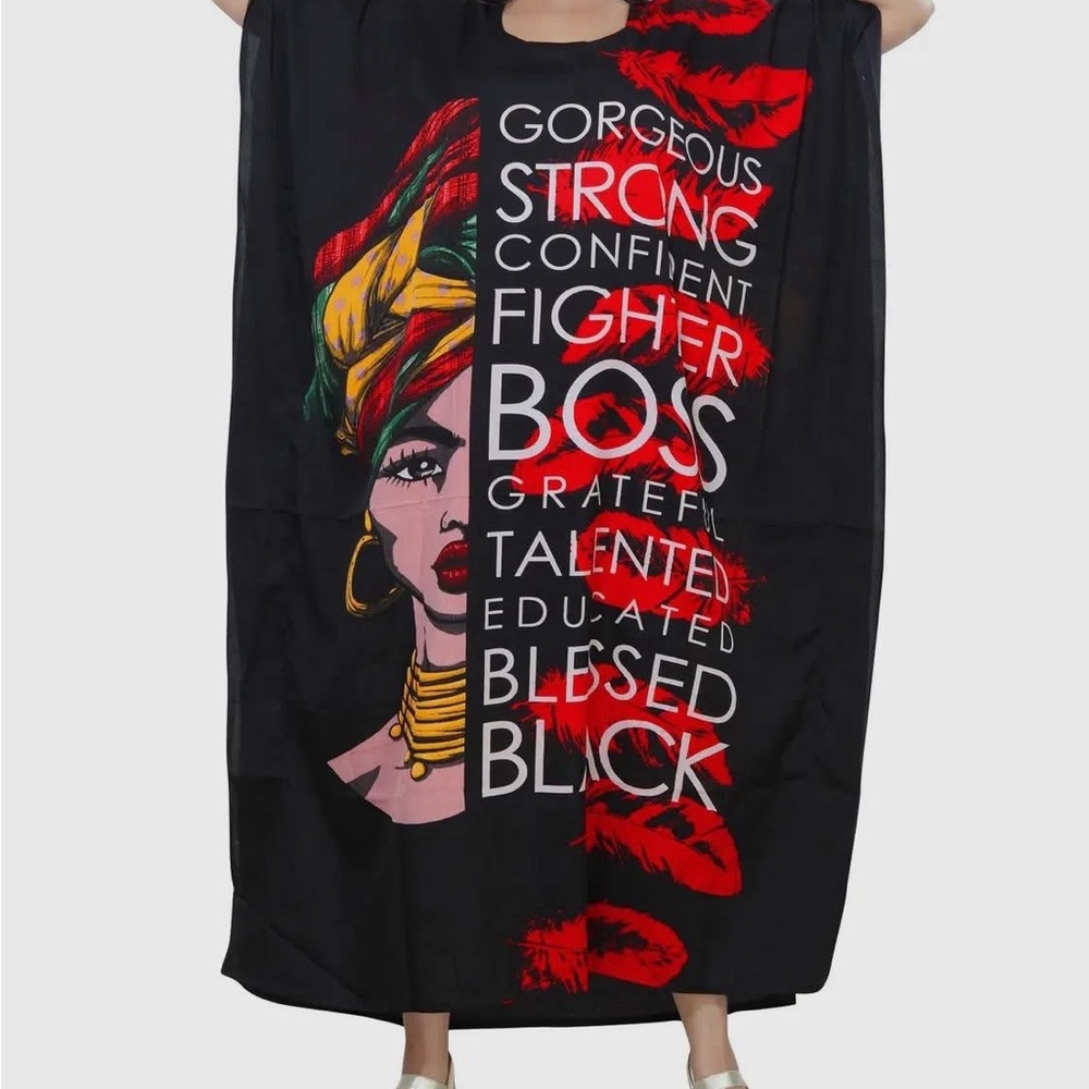 Black Graphic Print Dress with Red, White, and Gold Accents